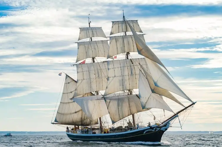 Tall Ship Morgenster under full sail in open water on her first 2025 voyage