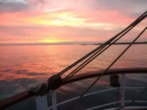 Sunset view from the stern of the Morgenster during the first sailing days to Fowey