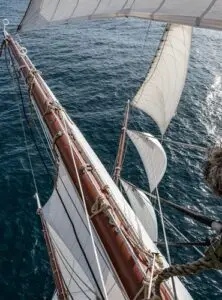 Bow view from Morgenster showing set jibs and calm sea