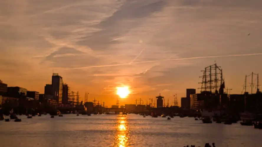 Sunset over the bow of the Morgenster after Sail Amsterdam 2025