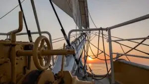 Sunset over the bow of the Morgenster after Sail Amsterdam 2025